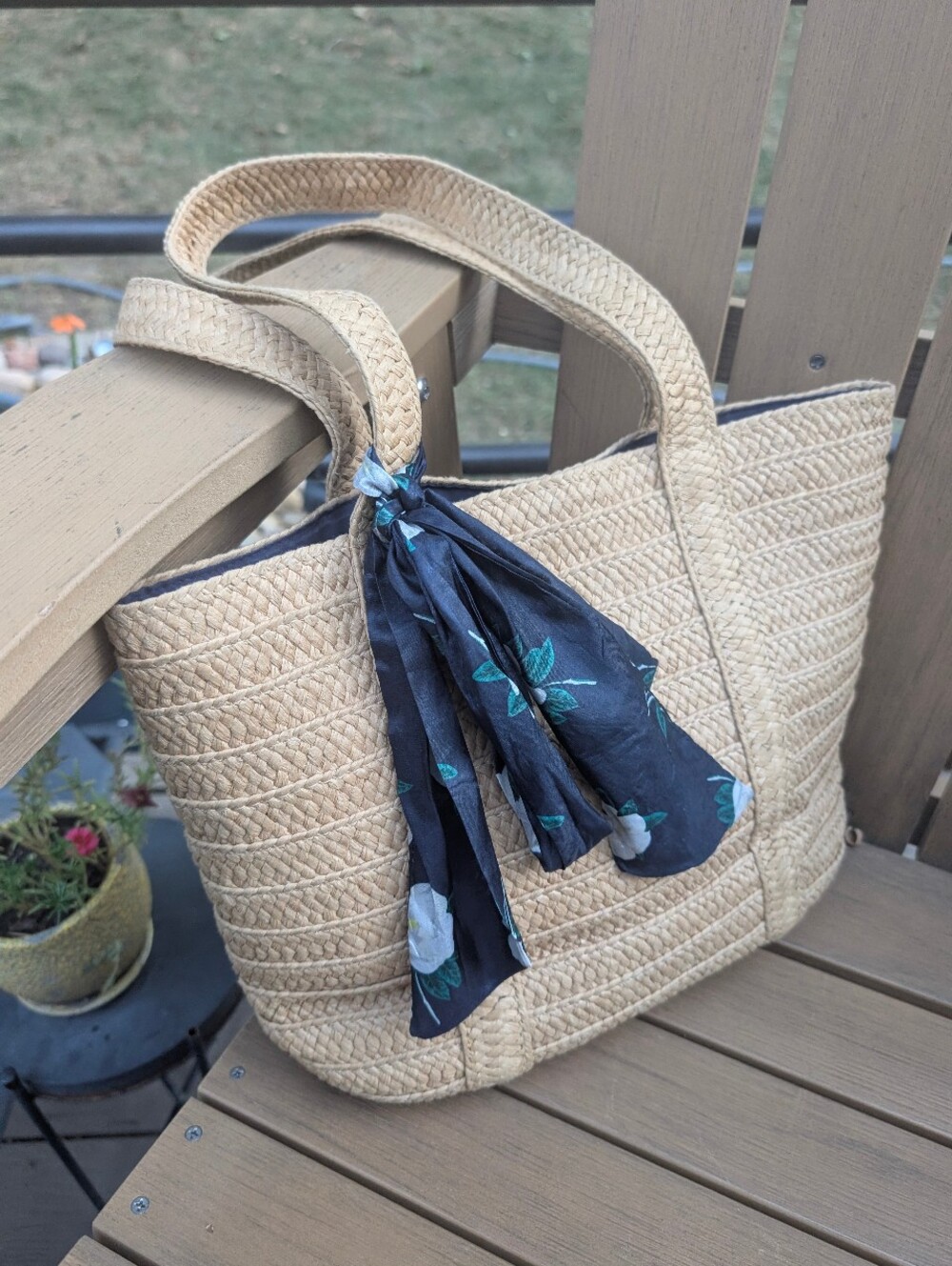 Draper James Beige Straw Tote with Navy Floral Scarf